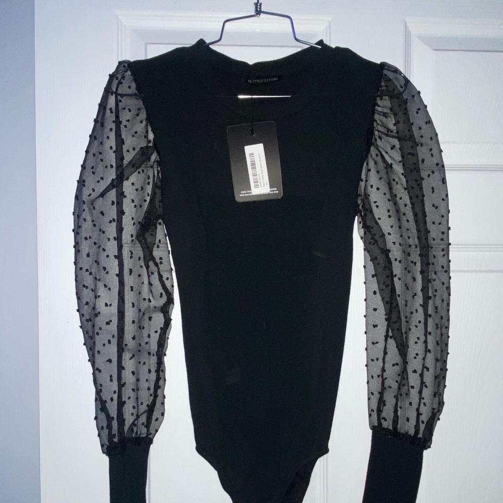 PrettyLittleThing Black Dobby Mesh Sleeve Bodysuit